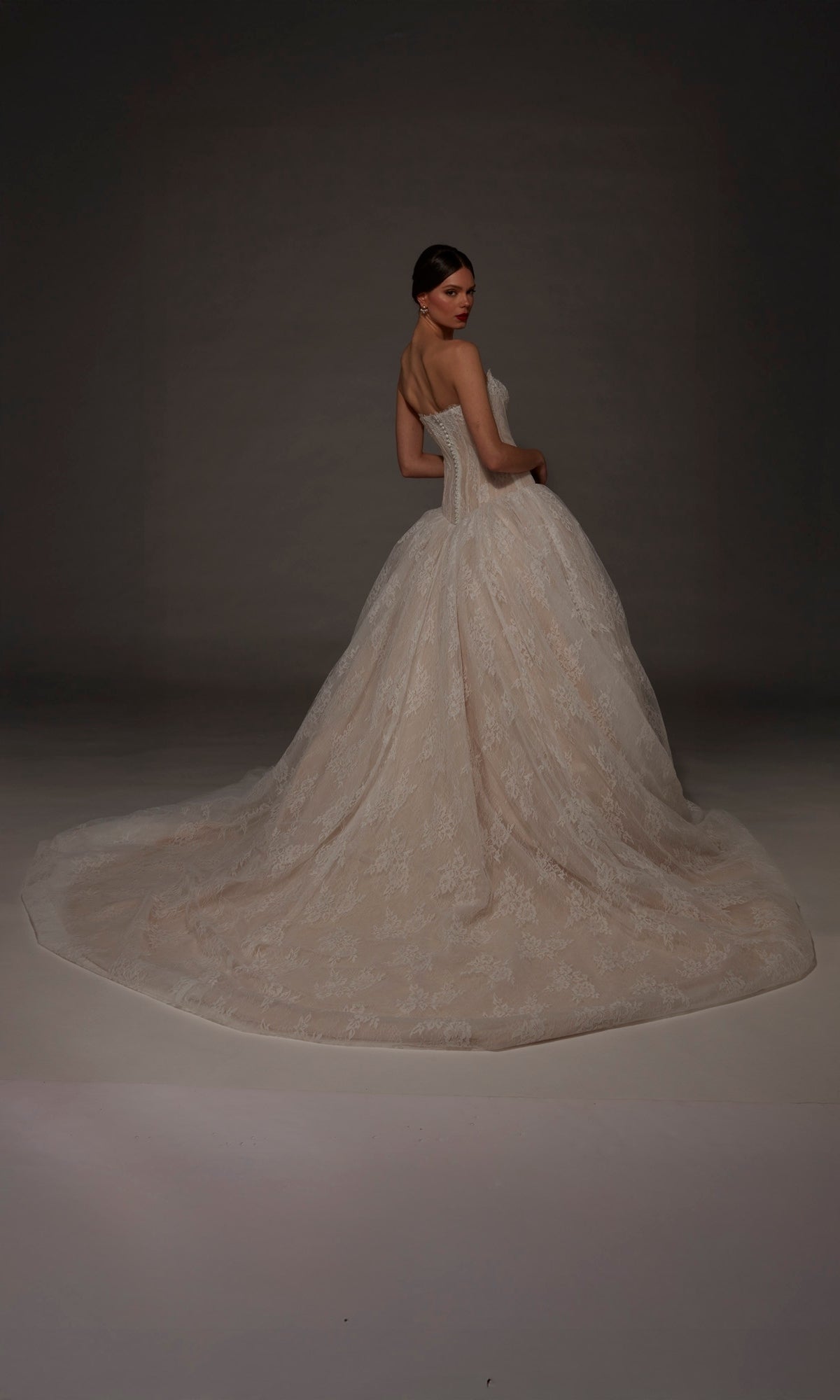 A woman wearing the Long Wedding Dress: Alyce 7169, featuring a strapless sweetheart neckline, lace detailing, a full ball gown skirt, and a long train, stands against a dark neutral background.